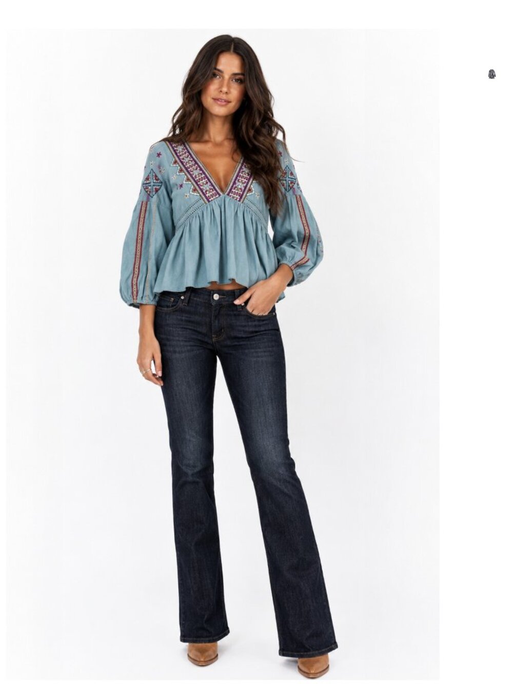Free People Aria Blue Lagoon Embroidered V-Neck Peasant Top,  cropped, S, NWOT